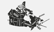 Canada Vintage Poster Map. Poster Map Of Canada With State Names. Canadian Background. Vector Illustration