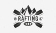 Mountains rafting logo with raft, crossed paddles and mountains silhouettes. Vintage typography. Vector illustration