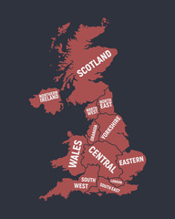 Poster map of United Kingdom with country and regions names. Great Britain background. Print for T-shirt, typography. Vector illustration