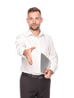 © Igor - businessman in white shirt with laptop giving hand isolated on white