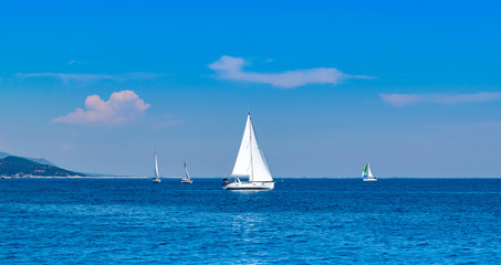  Racing sail boats at mediterranean sea. Lucury holidays concept