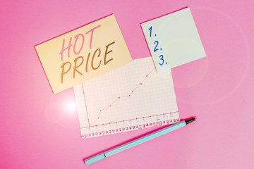 Wall Mural - Writing note showing Hot Price. Business concept for Buyer or seller can obtain something for a product sold or buy Stationary and note paper math sheet with diagram picture on the table