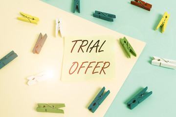 Aufkleber - Word writing text Trial Offer. Business photo showcasing A temporary free or discounted offer of a product or services Colored clothespin paper empty reminder yellow blue floor background office