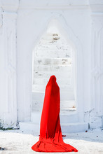 Creature In A Red Floaty Robe Walking Along Ancient Myanmar Buddhist Temples And Stupas Experimental Shoot