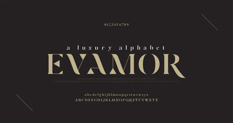 Wall Mural - Elegant luxury alphabet letters font and number. Classic Lettering Minimal Fashion Designs. Typography fonts regular uppercase and lowercase. vector illustration