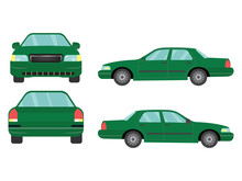 Set Of Green Sedan Car View On White Background,illustration Vector,Side, Front, Back