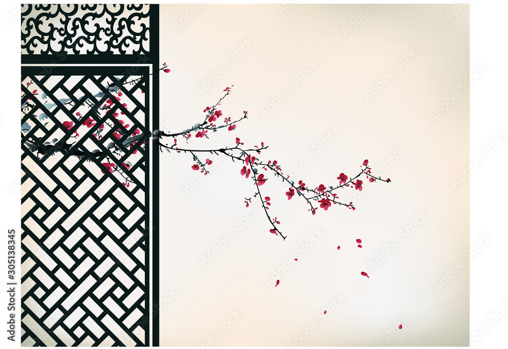 Fotografie, Obraz Chinese traditional cherry blossom painting