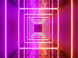 Poster - Sci Fi Futuristic Glowing neon lights tunnel abstract background. vibrant colors. technology concept. 3d rendering