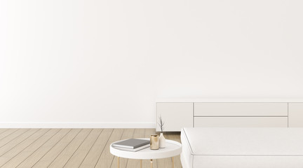 Aufkleber - View of minimal living room with empty white wall for put the TV, Interior design with gold furniture, white laminate cabinet on wood floor, 3d rendering.	