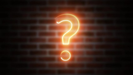 Poster - Question mark neon sign on a backdrop of brickwork, computer generated. 3d rendering of wireframe symbol with glowing laser light