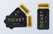 Two movie tickets. Realistic cinema theater admission pass template. Vector illustration festival black and gold couple isolated ticket on cinema, concert or theatre