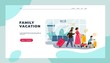 Tourists landing page. Family on vacation with kids and luggage, man and women happy characters going on journey. Vector image holidays traveling web page to traveler services provide