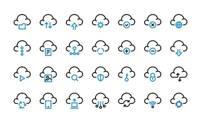 Poster - Cloud computing icons. Data transfer access and synchronization, internet platform and cloud server technology. Vector set transfer and computation digital information, like access web container