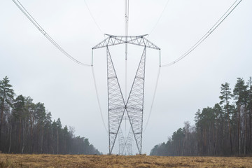 Wall Mural - The high-voltage line tower on a clearing in the forest. Autumn, early morning.