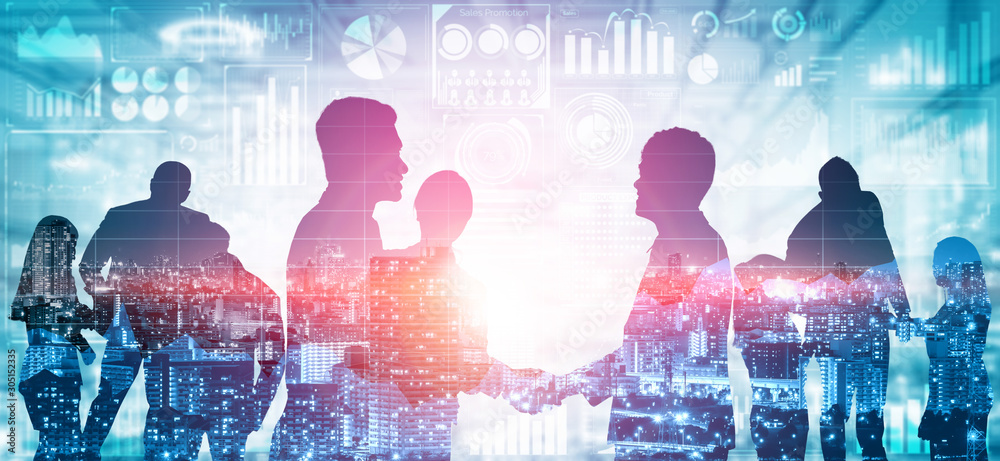 Double exposure image of many business people conference group meeting ...
