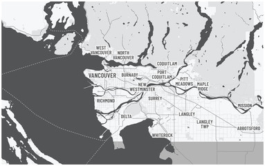 Greater Vancouver map and municipalities. Canada, British Columbia. Dark color theme with text.