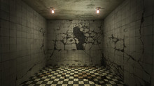 The Interior Design Of Horror And Creepy Damage Empty Room., 3D Rendering.