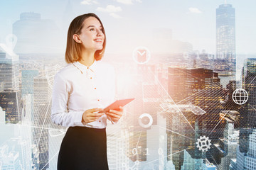 Poster - smiling woman with tablet, business interface