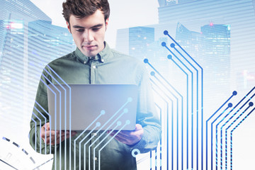 Poster - Engineer with laptop in city, circuit interface
