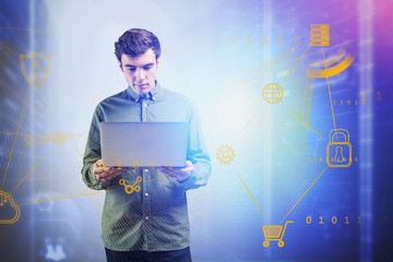 Poster - Man with laptop in data center, cloud computer