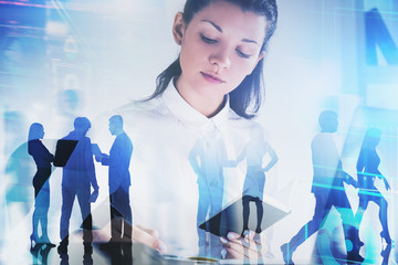 Poster - Businesswoman with notebook and team, interface