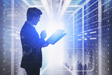 Poster - Man with clipboard in data center, infographics