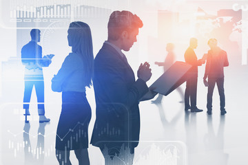 Poster - Business team in city, infographics interface