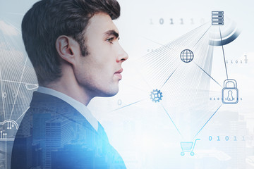 Poster - Confident businessman in city, big data icons