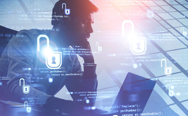 Poster - Pensive young businessman, cyber security