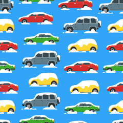 Canvas Print - Cartoon Color Cars Covered Snow Seamless Pattern Background. Vector