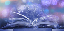 The Blurred Book That Is Bewitched With Magic, The Magic Light In The Dark, With The Bright Light Shining Down As The Power To Search For Knowledge. For Research And Use As A Blurred Background