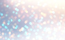Christmas Sequins Bokeh Background. Blur Glitter Confetti Texture. New Year Iridescent Empty Template. Winter Sparkling Pattern. Festive Illustration. White Pink Blue Ombre.