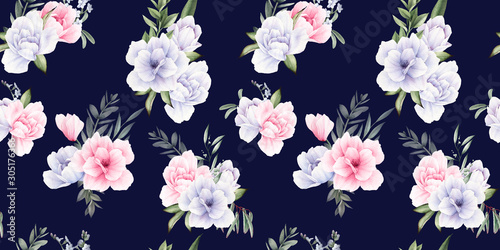 Seamless floral pattern with flowers on dark background, watercolor. Template...