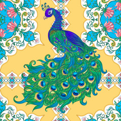 Naklejka na meble Peacock bird seamless pattern, background. On aspen yellow background