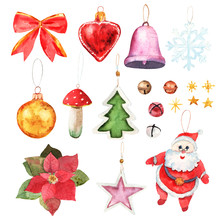 Set With Christmas Colorful Toys. Watercolor Santa, Snowflake, Bell, Mushroom, Stars, Red Bow, Heart On White Background. Winter Holiday Illustration Great Design For Any Purposes.