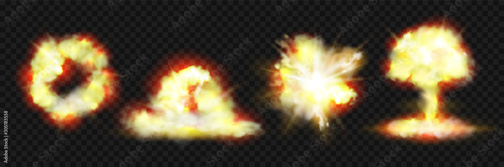 Explosion blasts, nuclear bomb bangs with fire and smog clouds, vector realistic 3d icons isolated on transparent background. Nuclear blast mushroom, dynamite explosion burst effects - obrazy, fototapety, plakaty 
