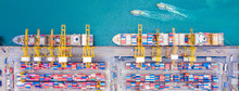 Top View Of Deep Water Port With Cargo Ship And Containers. It Is An Import And Export Cargo Port Where Is A Part Of Shipping Dock And Export Products Worldwide