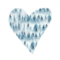 Wall Mural - a heart with watercolor forest isolated on white background.