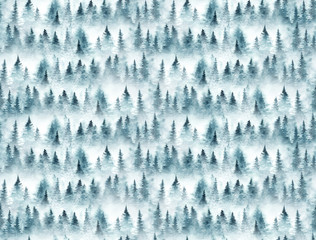 Wall Mural - seamless pattern with foggy spruce forest. fir trees isolated on white background.