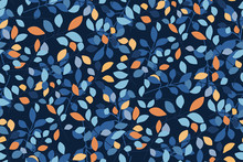 Abstract Seamless Pattern With Colorful Leaves, Branches On A Dark Blue Background. Creative Print, Wallpaper. Foliage In A Hand-drawn Style. Vector