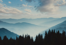 Landscape Of Misty Mountains. View Of Coniferous Forest, Layers Of Mountain And Haze In The Hills At Distance. Beautiful Cloudy Sky. Tourism And Travelling.