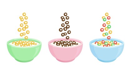 Cereal breakfast. Ceramic bowl with milk and different sweet crunchy flakes. Falling colorful cereal loops. Healthy food for kids. Vector illustration