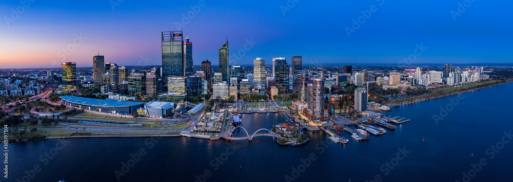 Perth Australia November 5th 2019:  Aerial panoramic view of the beautiful city of Perth on the Swan river at dusk - obrazy, fototapety, plakaty 