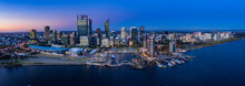 Perth Australia November 5th 2019:  Aerial Panoramic View Of The Beautiful City Of Perth On The Swan River At Dusk