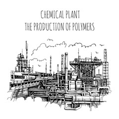 Chemical plant, the production of polymers, hand-drawn vector sketch