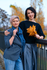 Wall Mural - Two girlfriends talking and posing in autumn city park. Beautiful adult woman, blond and brunette.