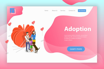 isometric flat vector landing page template of child adoption, physical, emotional, social support o