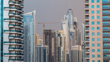  Modern skyscrapers in Dubai Marina early morning during sunrise, close up, in Dubai, UAE