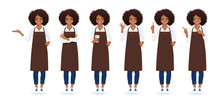 Smiling Woman With Afro Hairstyle In Apron Standing With Different Gestures Isolated Vector Illustration