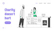 Night Shelter Emergency Housing Website Landing Page. Volunteer Serving Food to Homeless People. Woman Pouring Food to Beggar Man Standing at Desk Web Page Banner. Cartoon Flat Vector Illustration